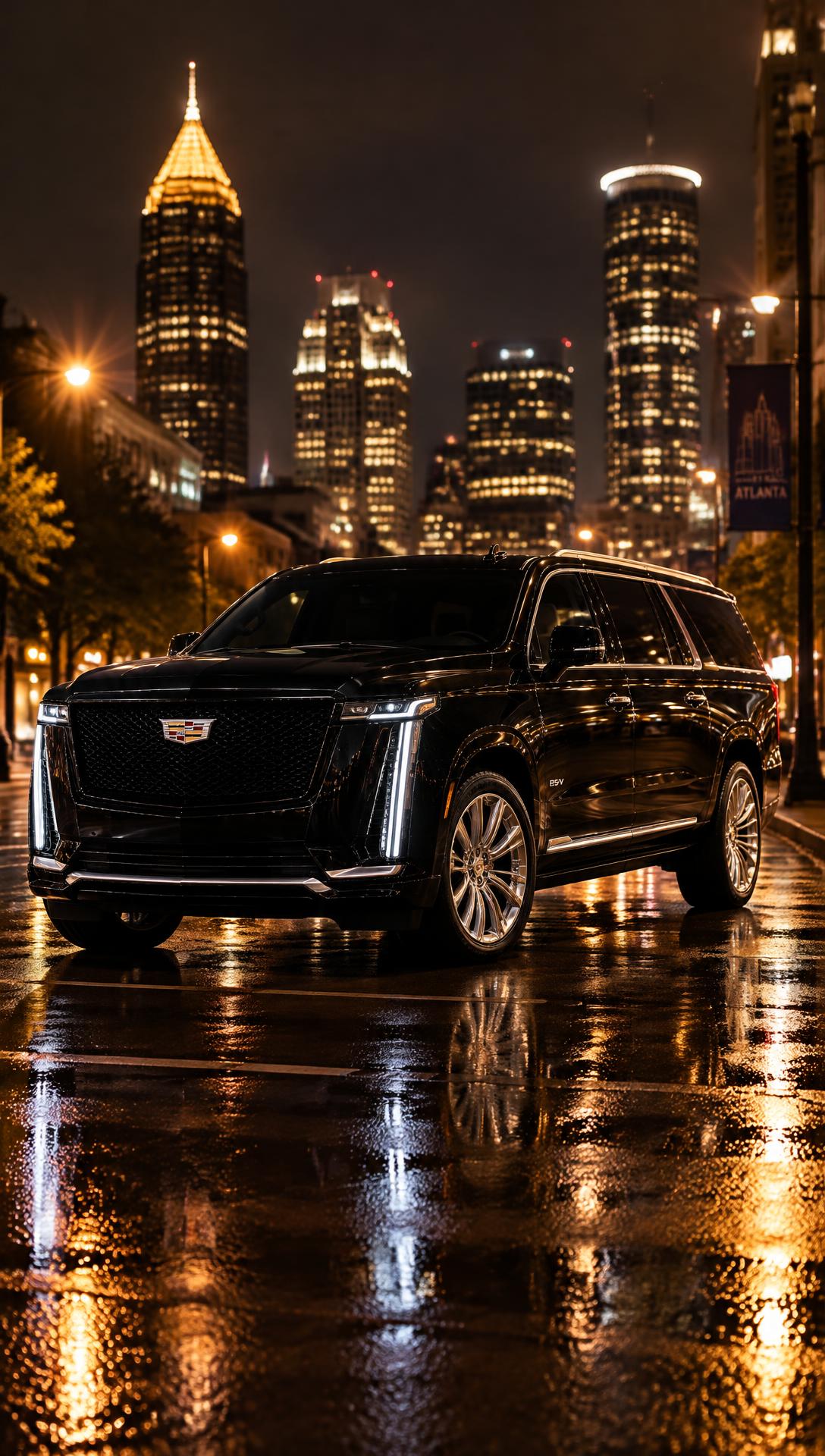 Black 2024 Cadillac Escalade ESV on a downtown Atlanta street at night