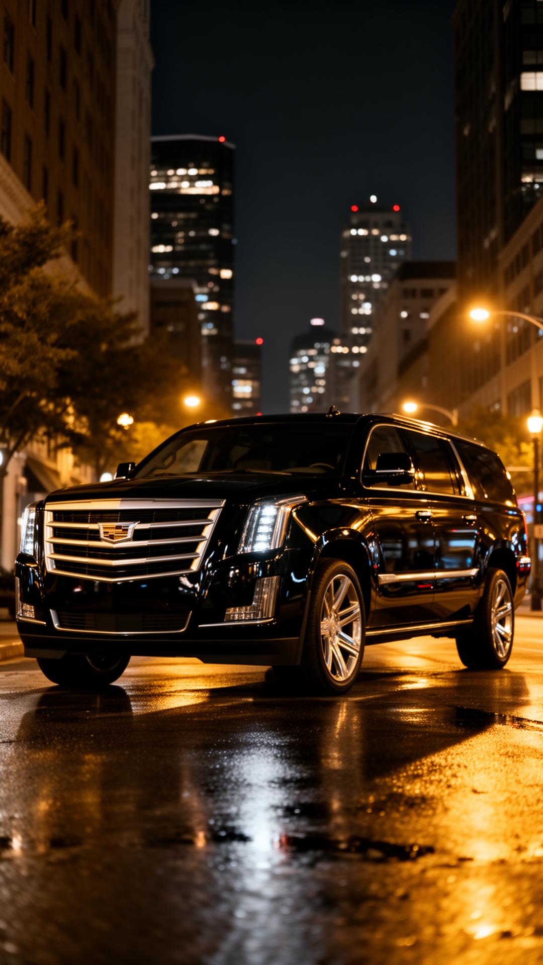 Black Cadillac Escalade on a downtown Atlanta street at night