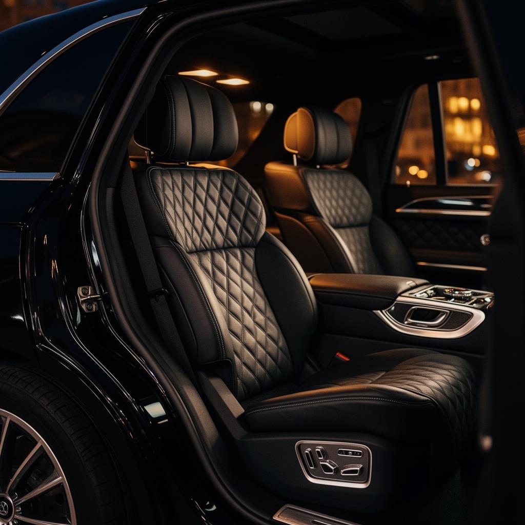 Quilted black leather interior of an executive SUV