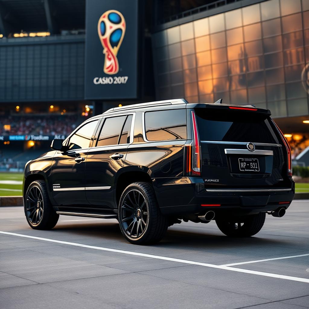 Black executive SUV outside Mercedes-Benz Stadium on FIFA World Cup match day in Atlanta